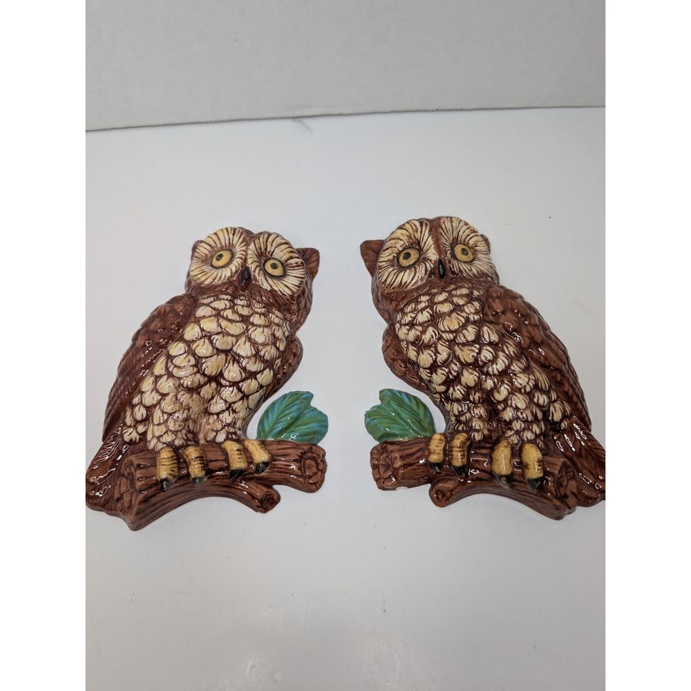 Vintage Savoy Mold Ceramic Owl Wall Plaques Set Brown Cream 1970s Decor